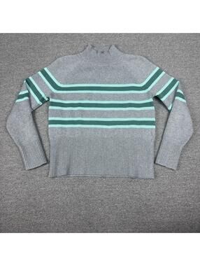 Loft Women's PS Grey/Teal Striped Ribtrim Mock Neck Knit Sweater Preppy Casual